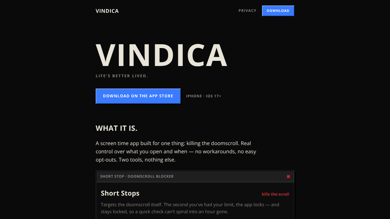 Vindica  website screenshot