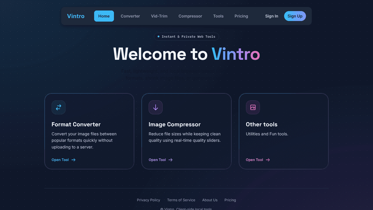 Vintro — Free Online Web Utilities website screenshot