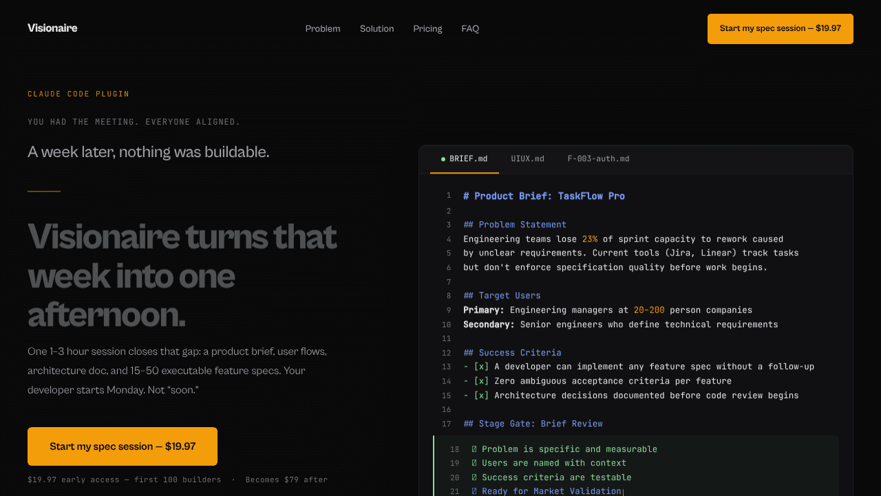 Visionaire — The Spec Is the Product website screenshot