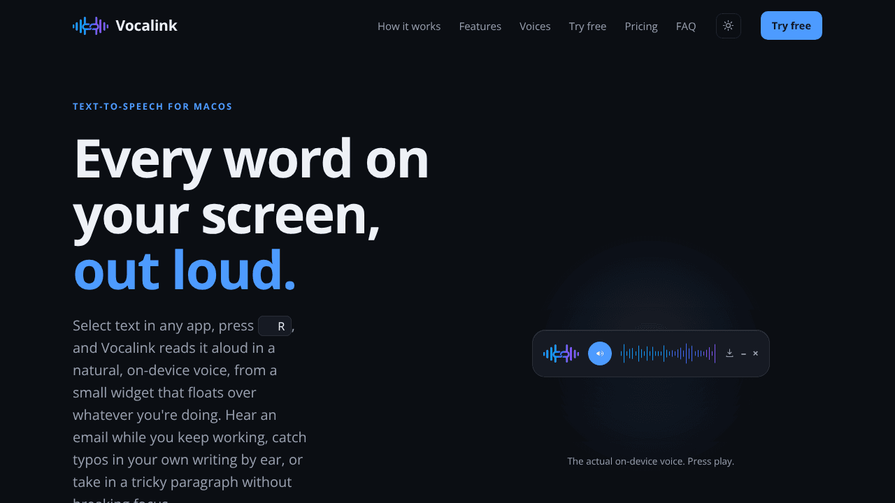 Vocalink — your Mac, reading to you website screenshot
