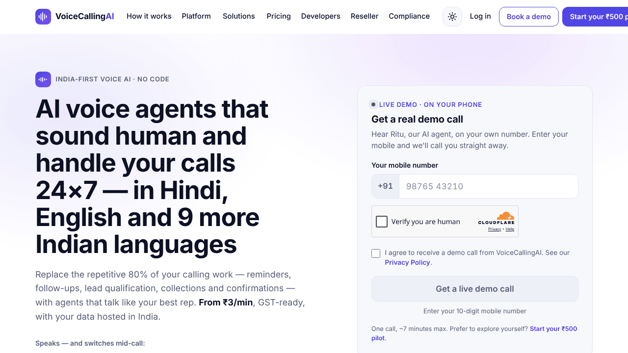 VoiceCallingAI website screenshot