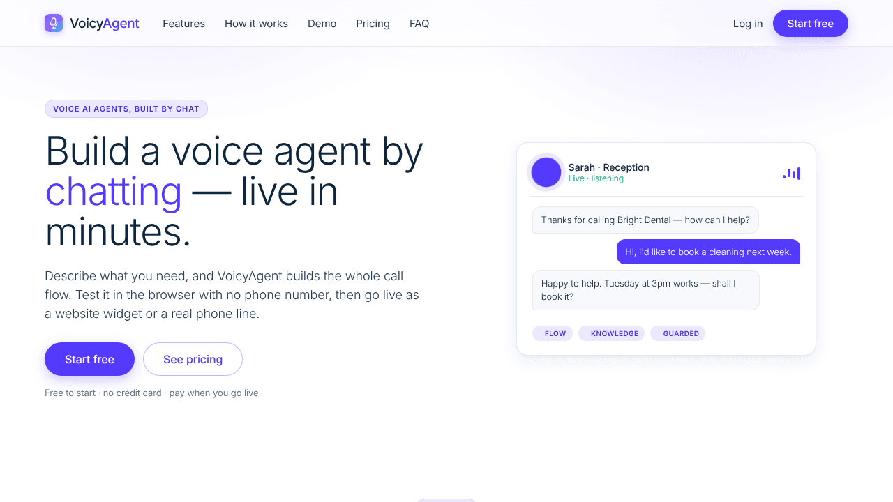 VoicyAgent - Build voice agents by chat website screenshot