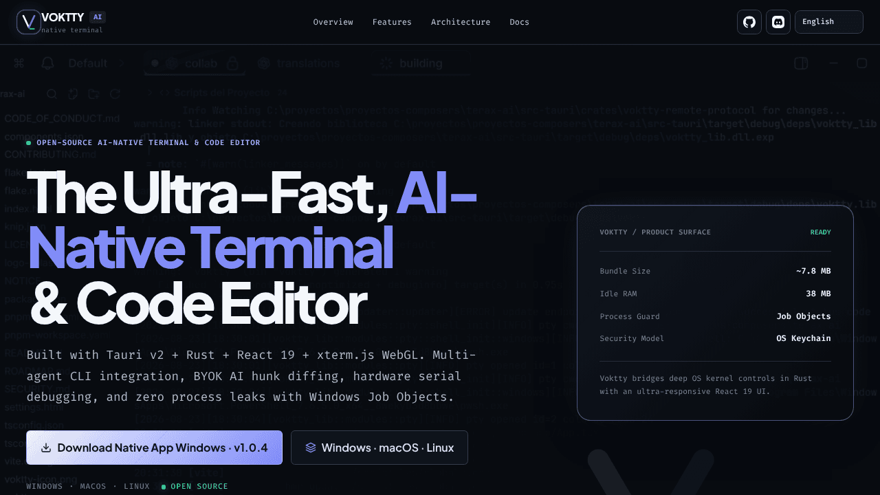 Voktty — AI-Native Terminal Workspace website screenshot
