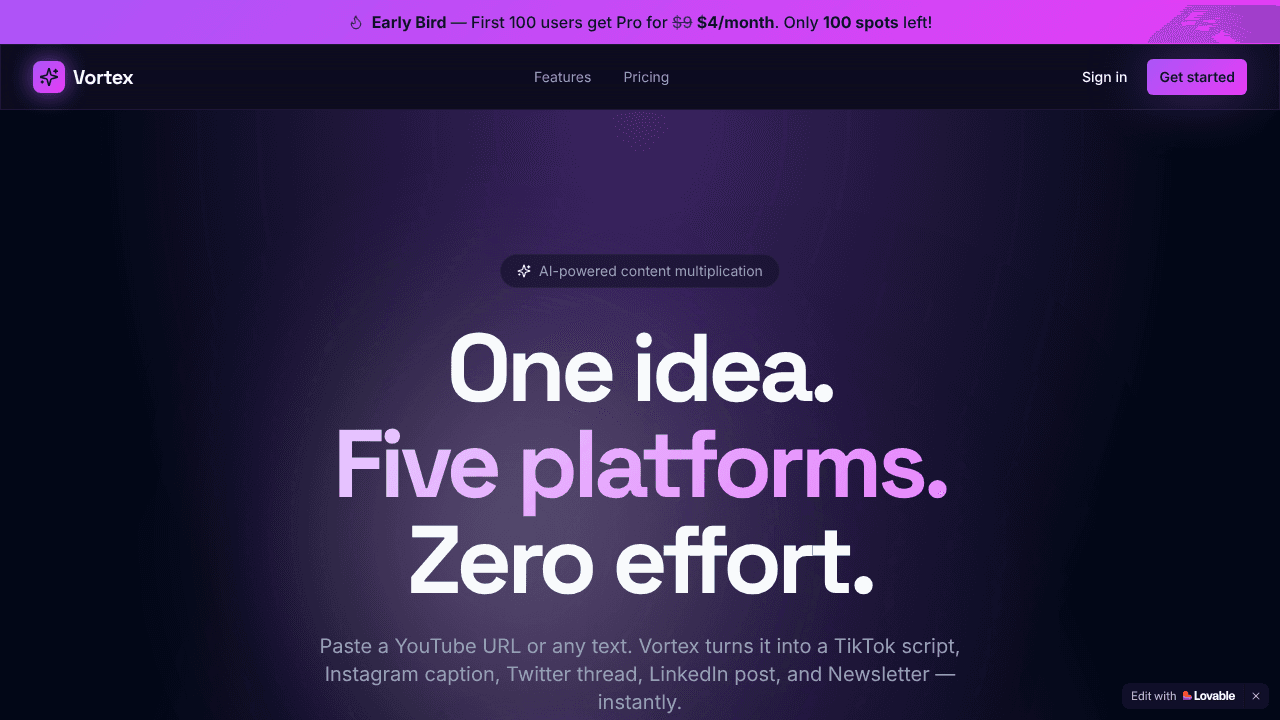 Vortex AI — Content for 5 platforms website screenshot