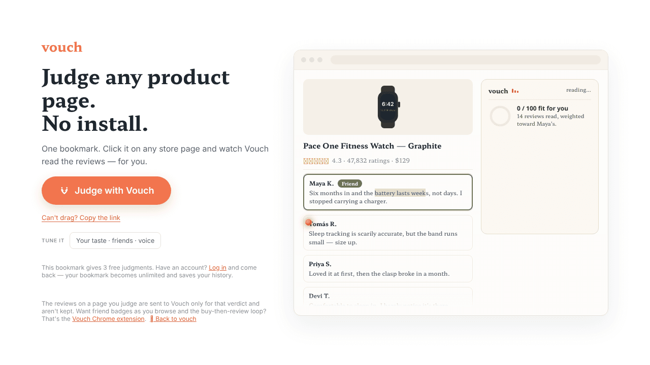 vouch — bookmarklet website screenshot