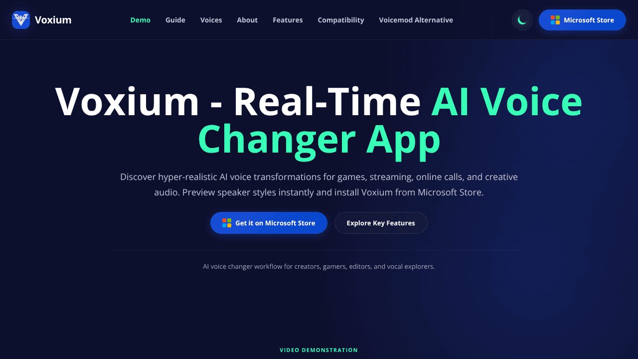 Voxium - Realtime AI Voice Changer website screenshot