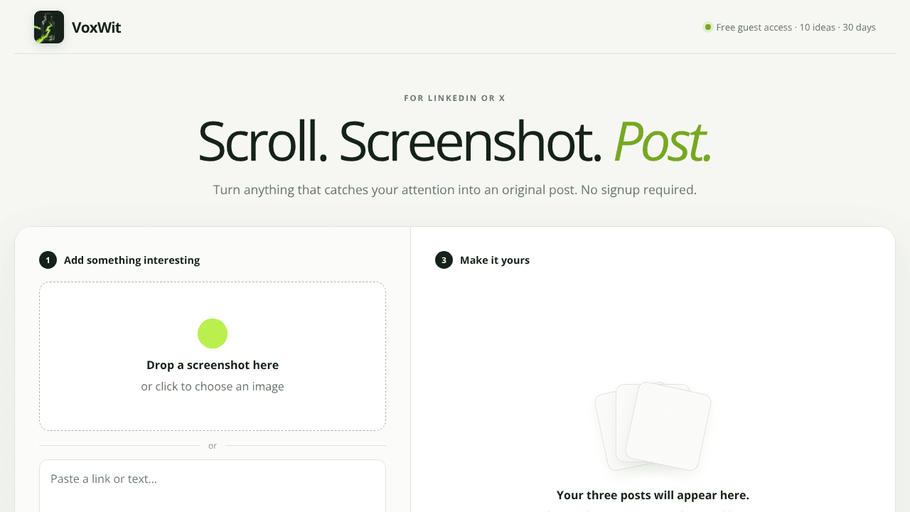 VoxWit — Scroll. Screenshot. Post. website screenshot