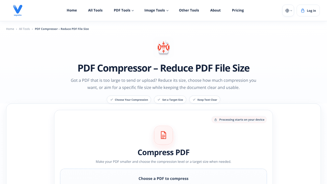 Voymira PDF Compressor website screenshot