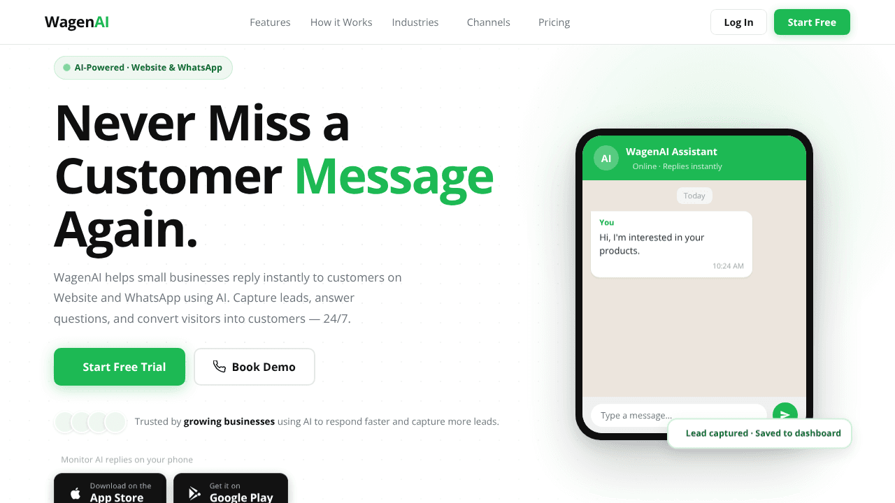 WagenAI  Your AI sales agent on WhatsApp website screenshot