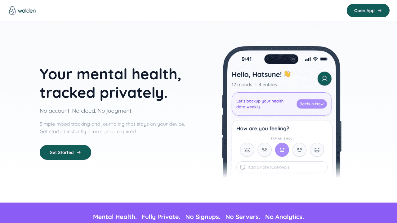 walden: Private Mood Tracker & Journal website screenshot