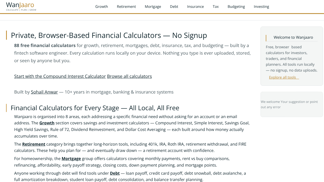 Wanjaaro — Free Financial Calculators website screenshot