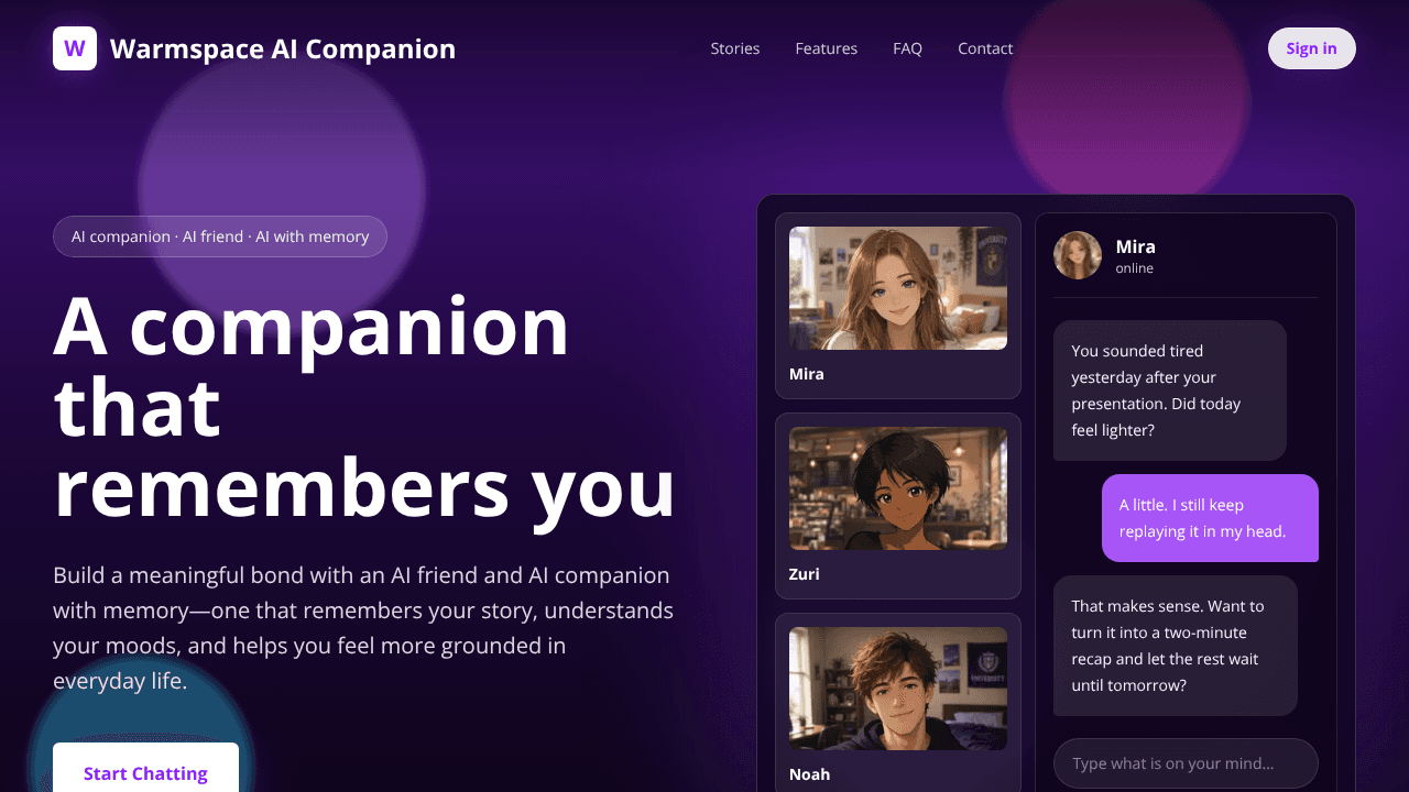 Warmspace AI Companion website screenshot