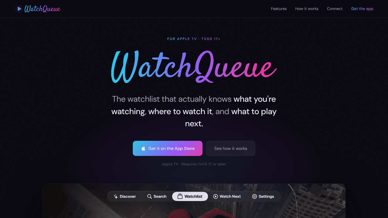 WatchQueue- Watchlist for Apple TV website screenshot