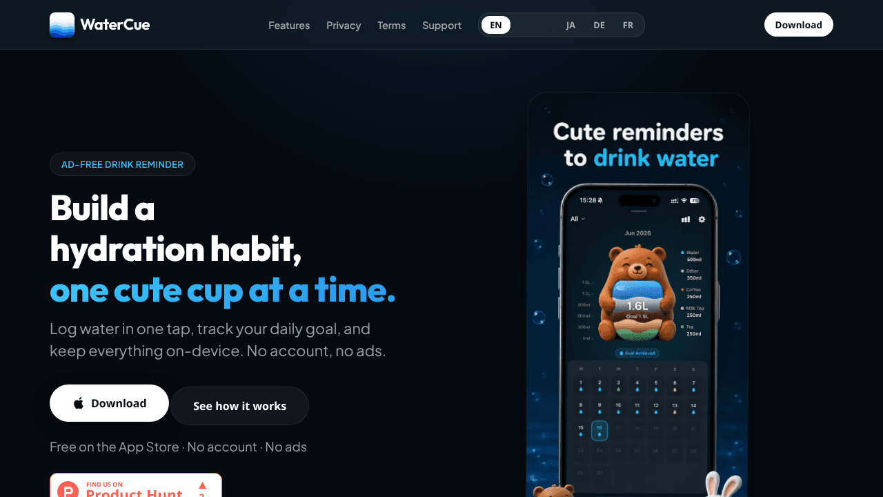 WaterCue website screenshot