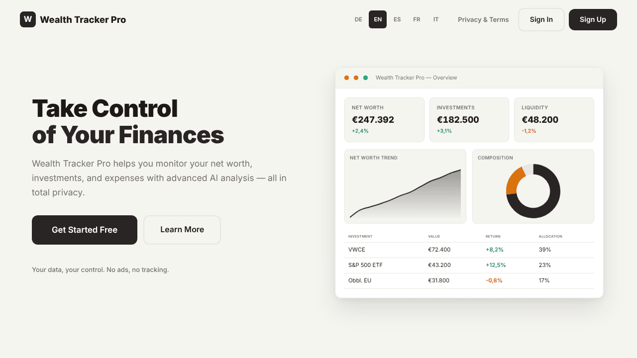 Wealth Tracker Pro website screenshot