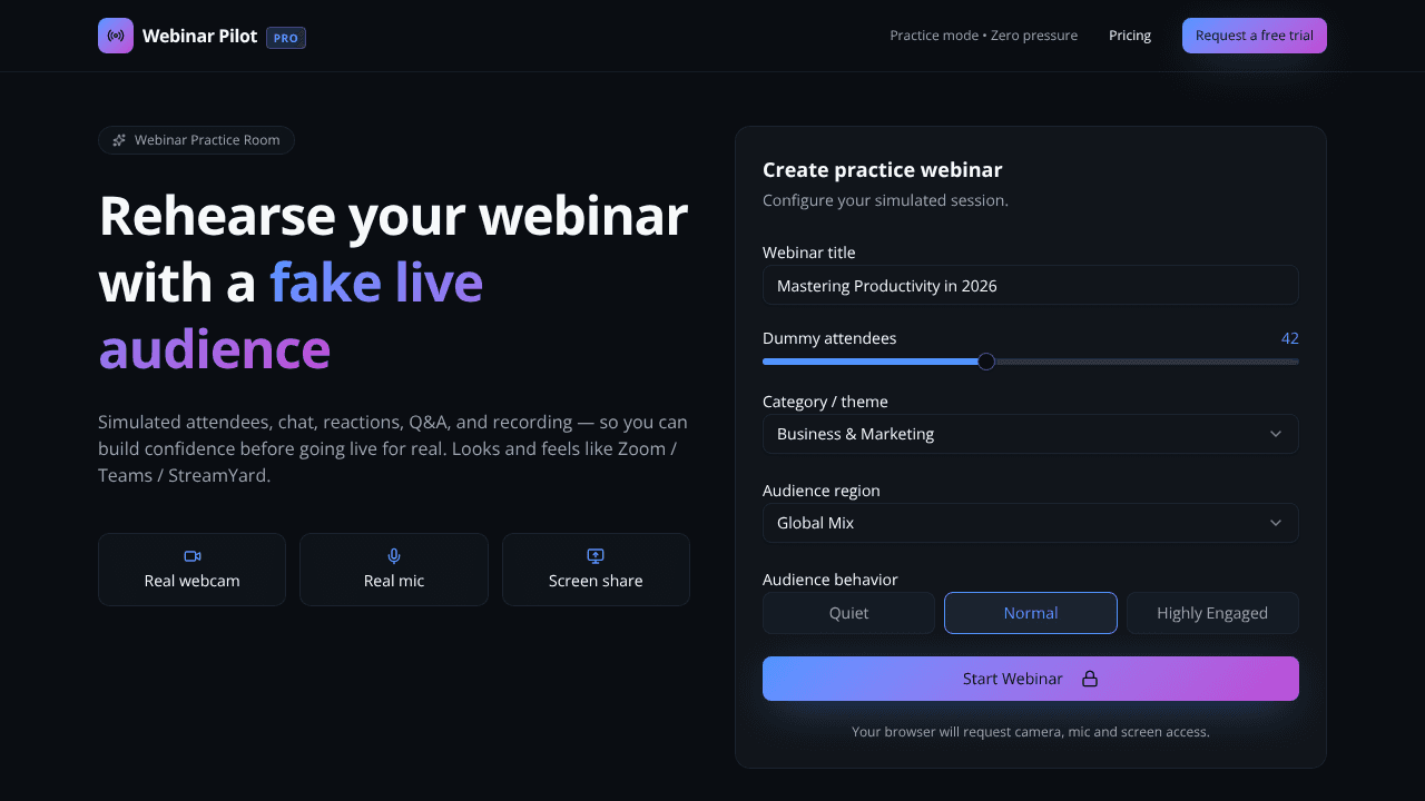 Webinar Pilot Pro: Virtual Practice Room website screenshot