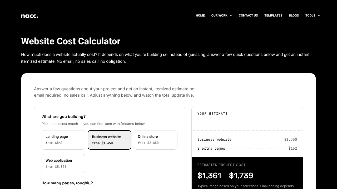 website-cost-calculator website screenshot