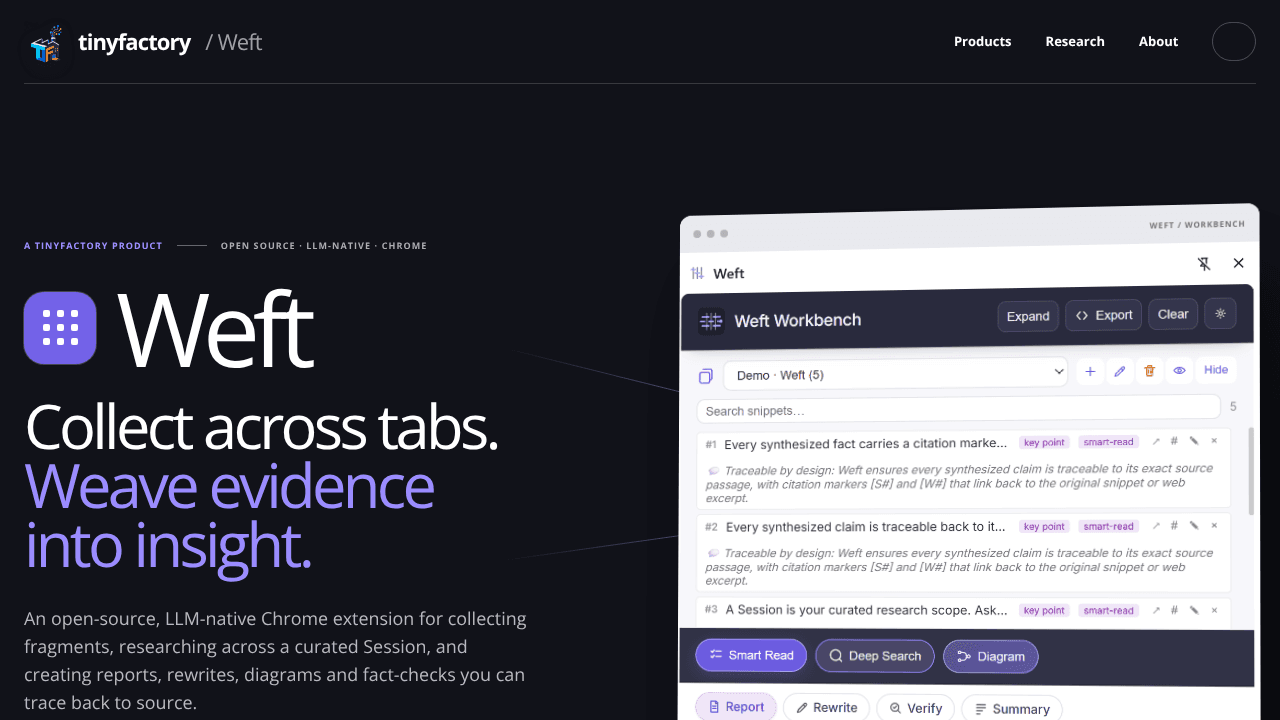 Weft: Turn browser into cited insights website screenshot