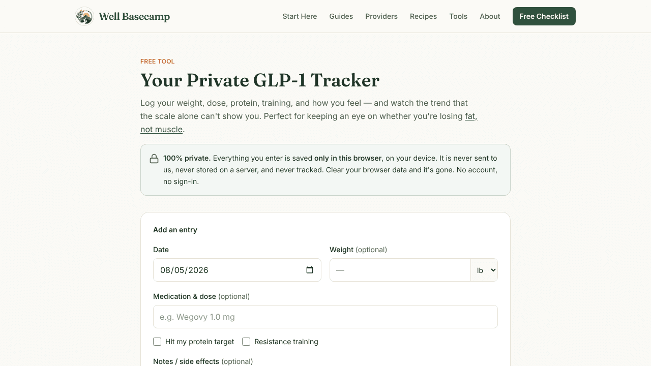 WellBasecamp GLP-1 Tracker website screenshot