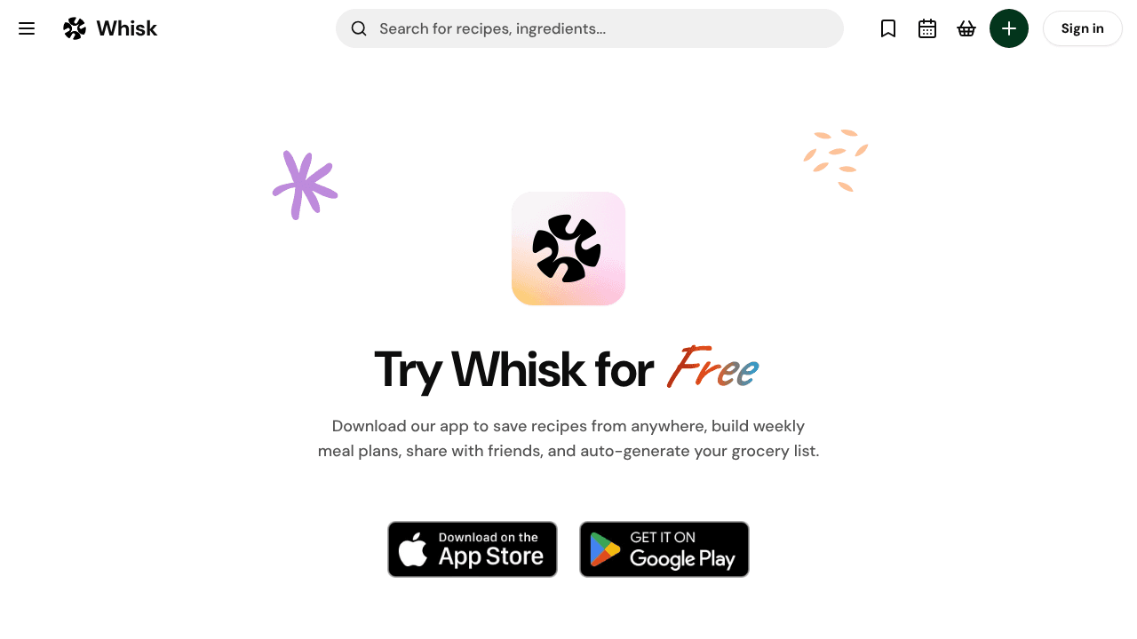 Whisk: Recipe Saver & Meal planner website screenshot