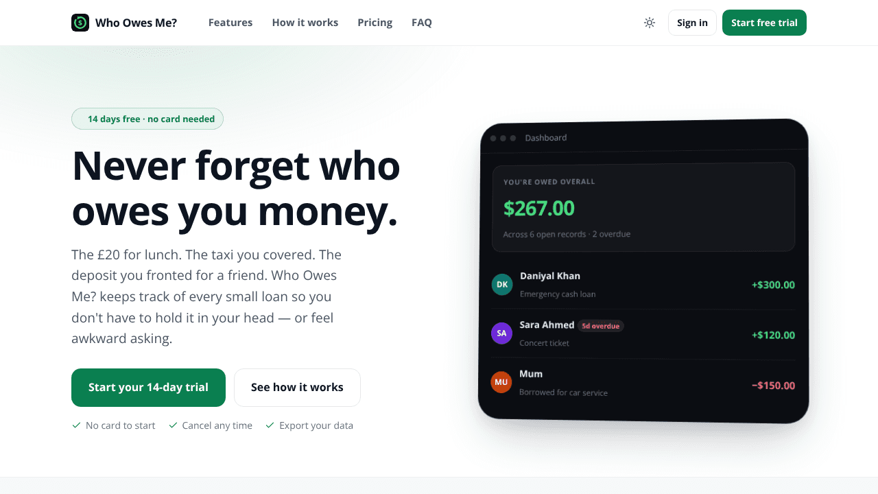 Who Owes Me? website screenshot