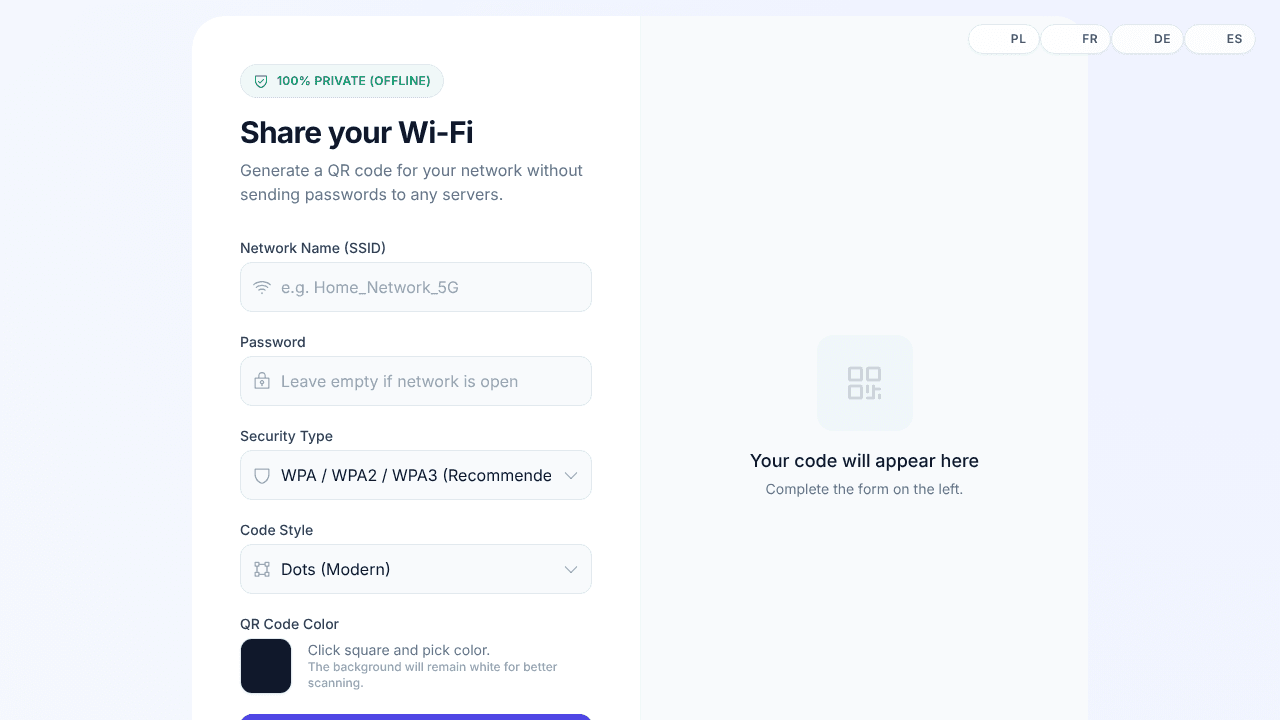 Wi-Fi QR Code free generator website screenshot