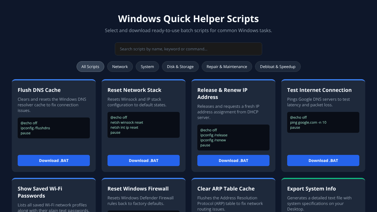 Windows Quick Scripts & Commands website screenshot