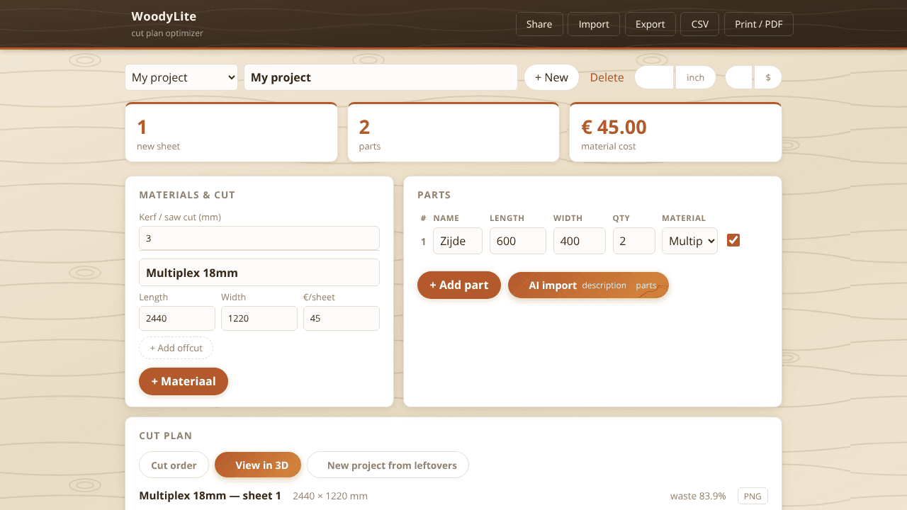 WoodyLite — cut plan optimizer website screenshot