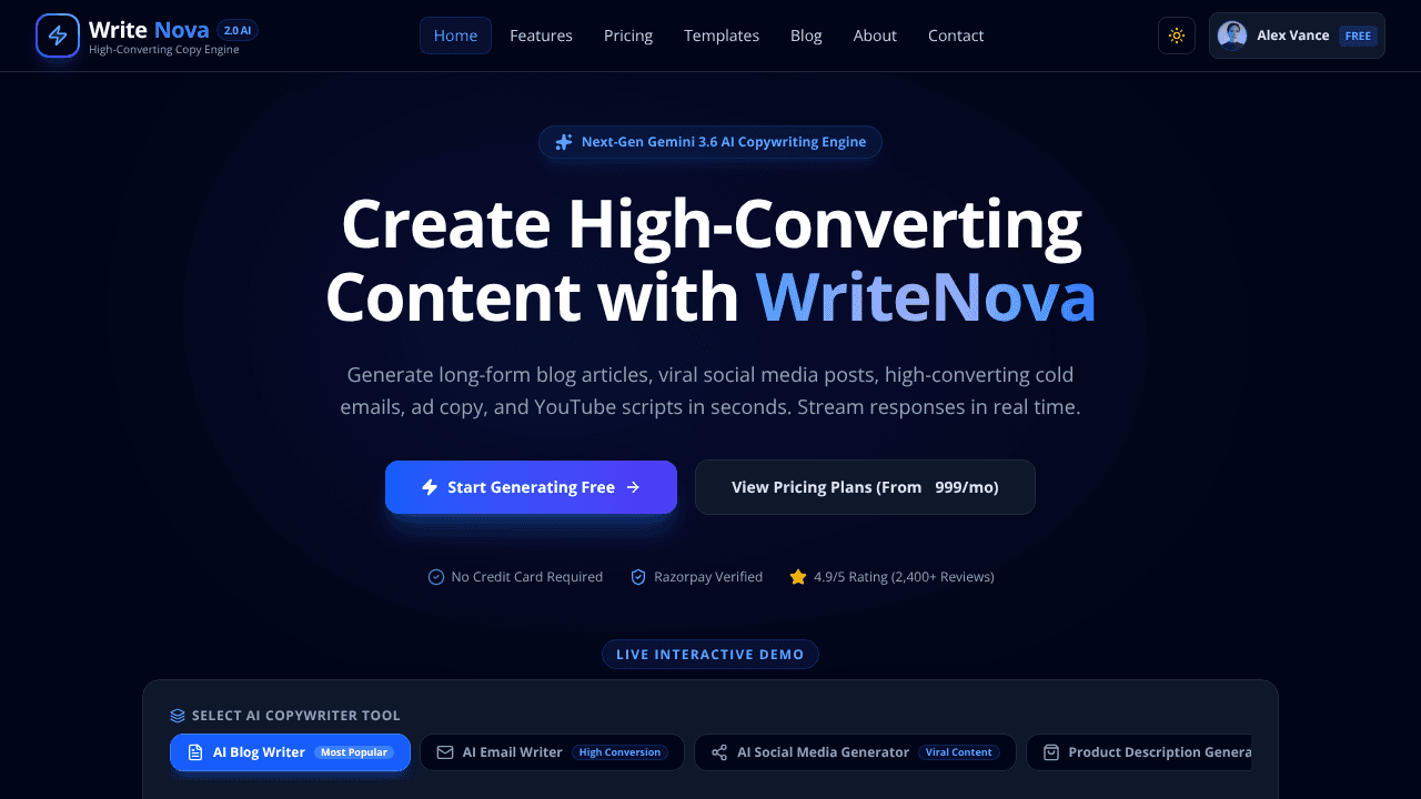 writer nova website screenshot