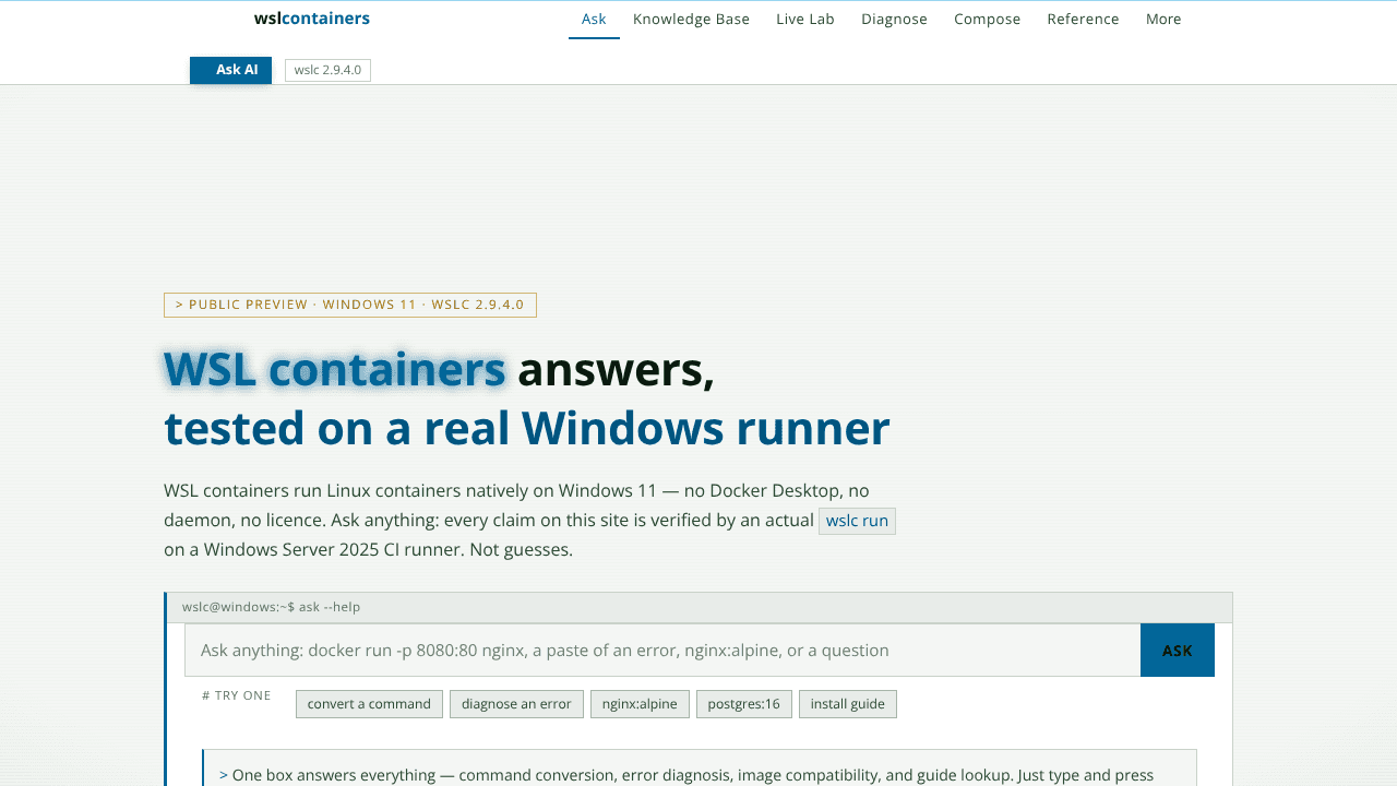 WSL Containers website screenshot