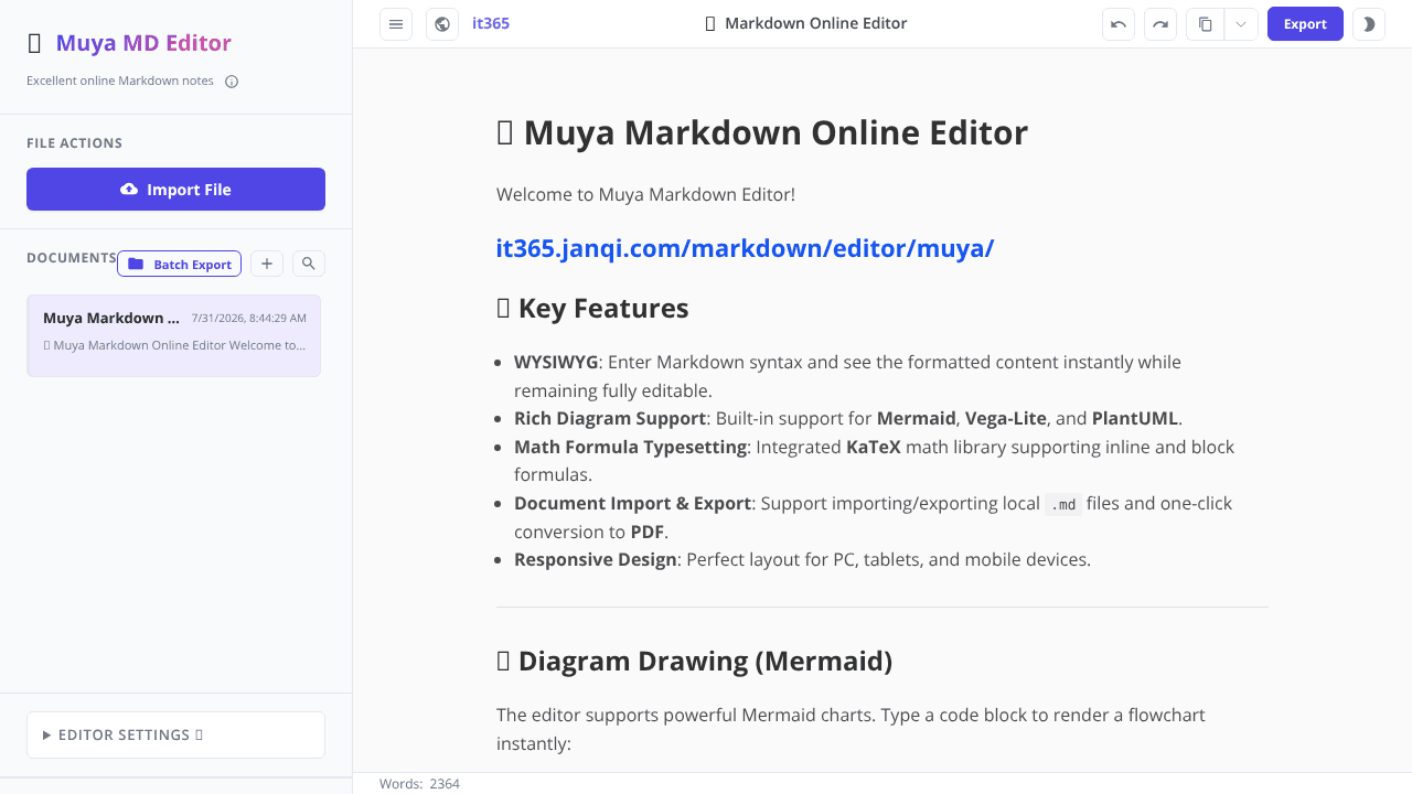 WYSIWYG Markdown editor, MD to image/PDF website screenshot