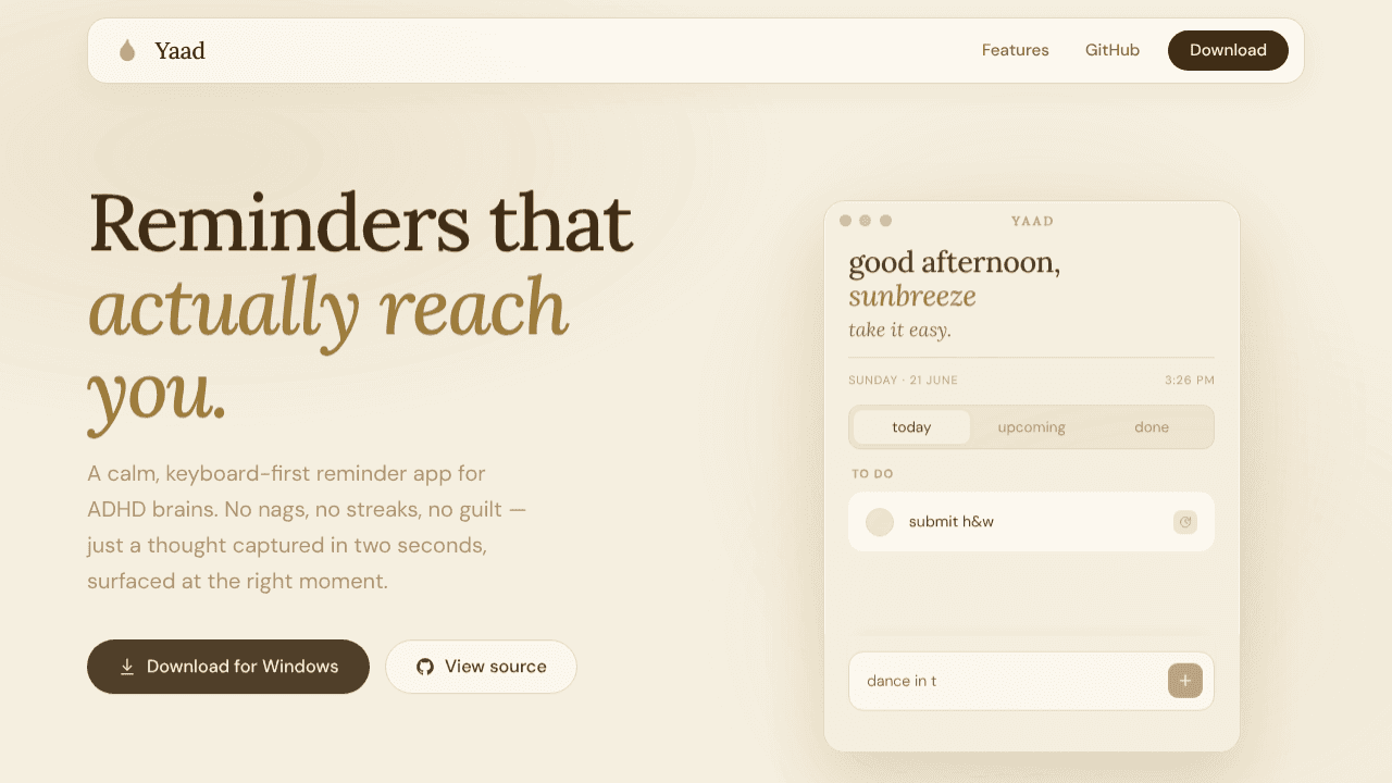 Yaad — Reminders that actually reach you website screenshot