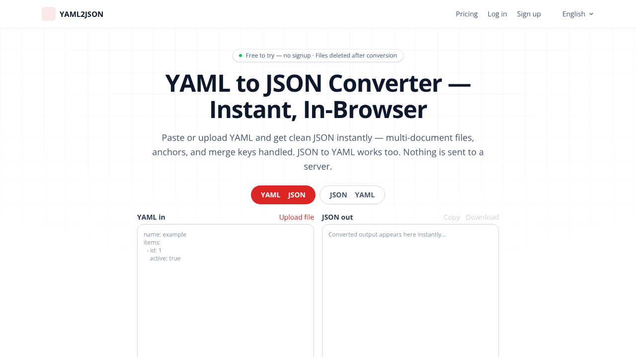YAML2JSON website screenshot