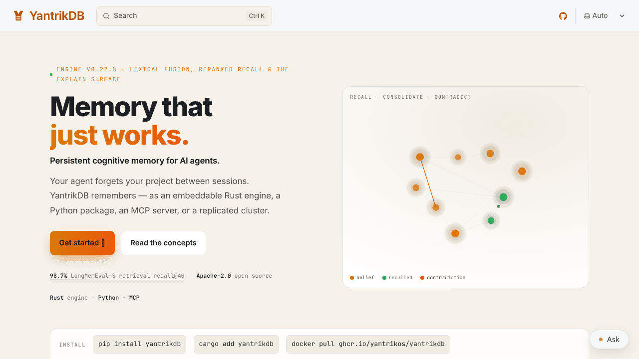 YantrikDB website screenshot