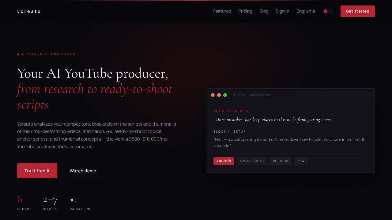 Ycreato website screenshot