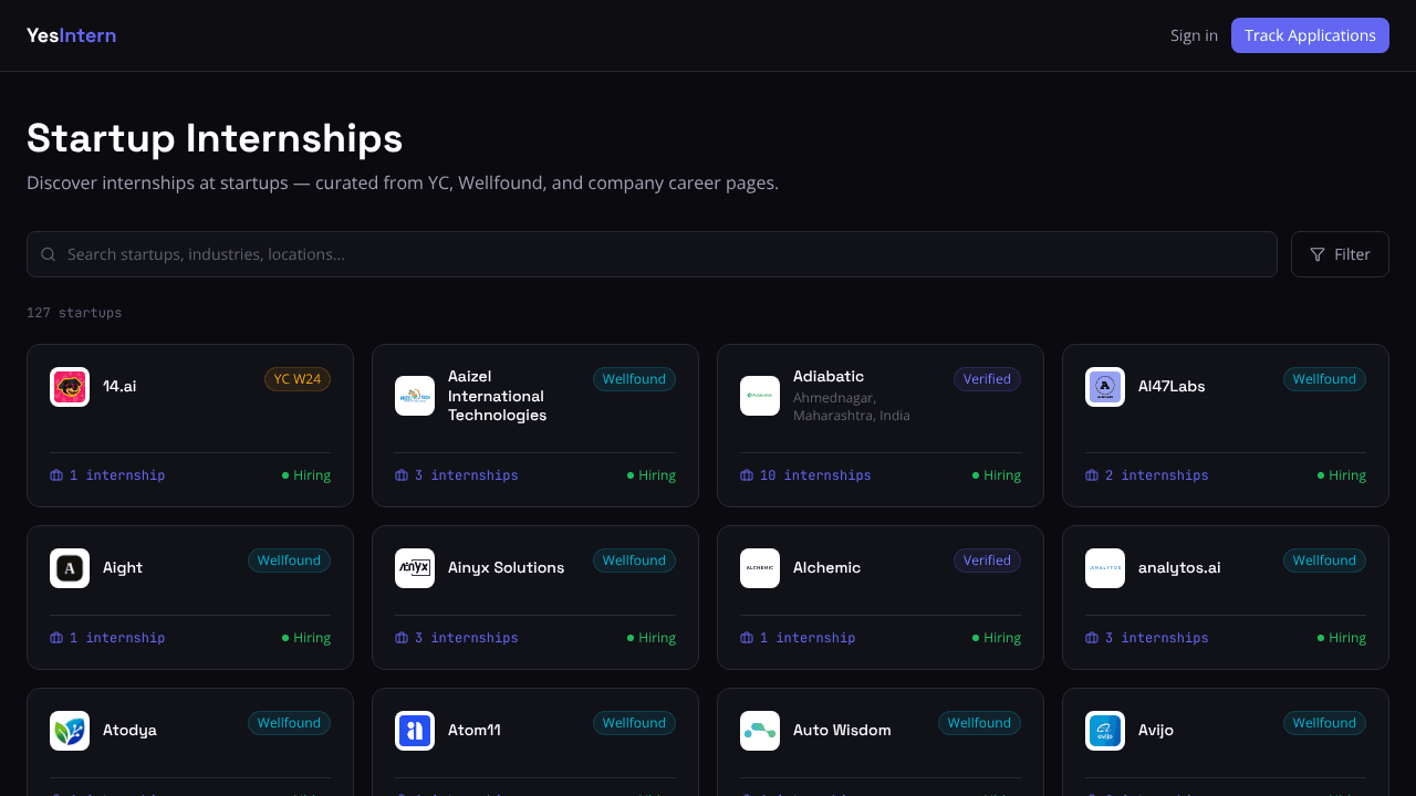 YesIntern — Discover Startup Internships website screenshot