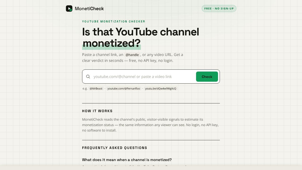 YouTube Monetization Checker website screenshot