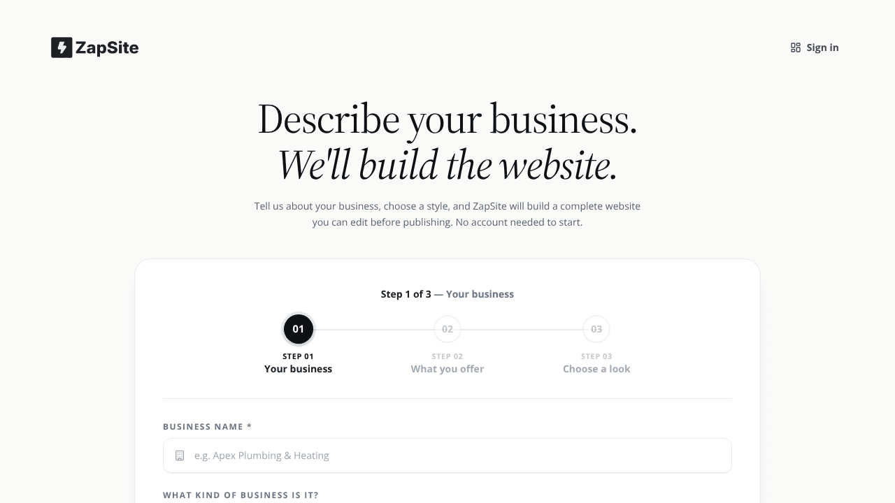 ZapSite website screenshot