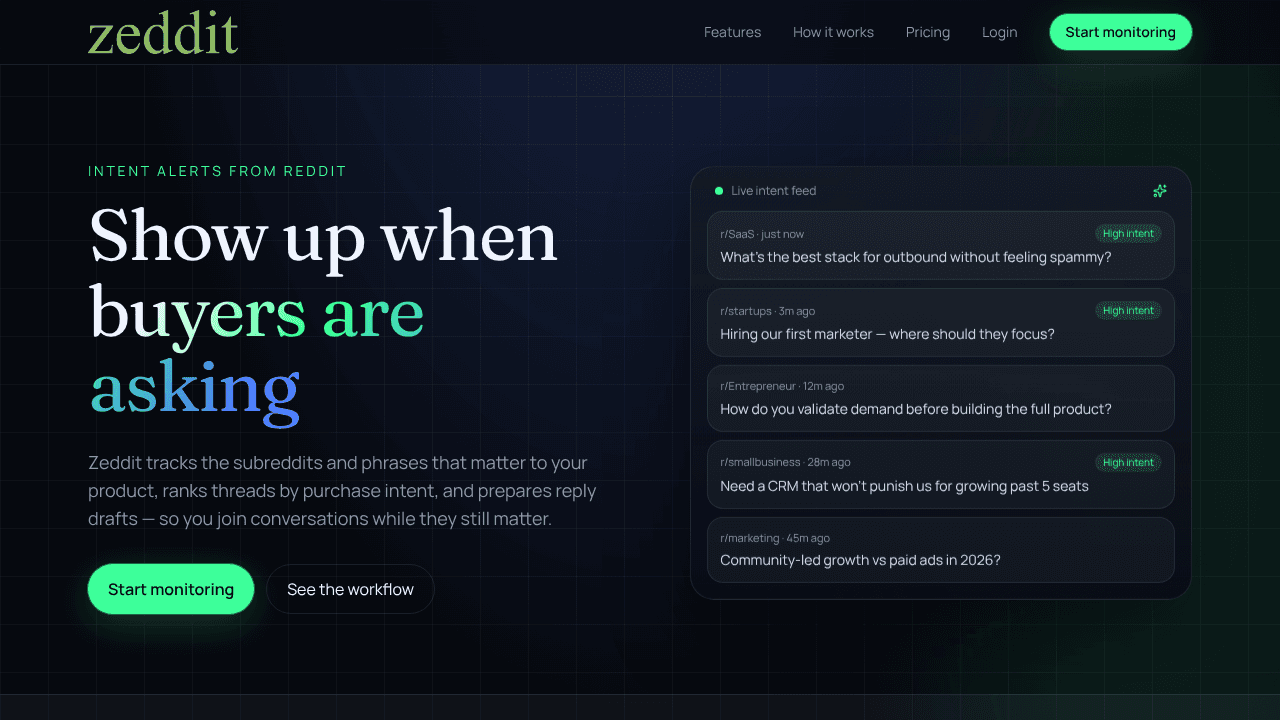 Zeddit—Reddit intent alerts for founders website screenshot