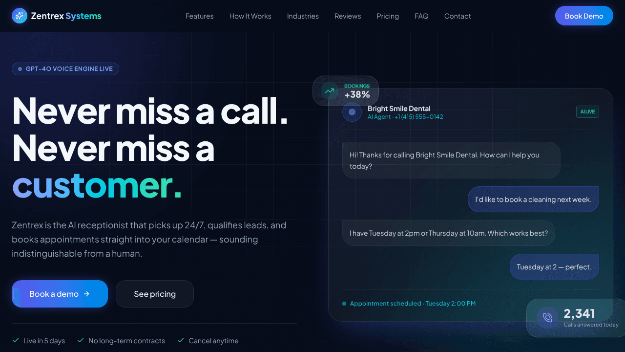 Zentrex  AI Receptionist website screenshot
