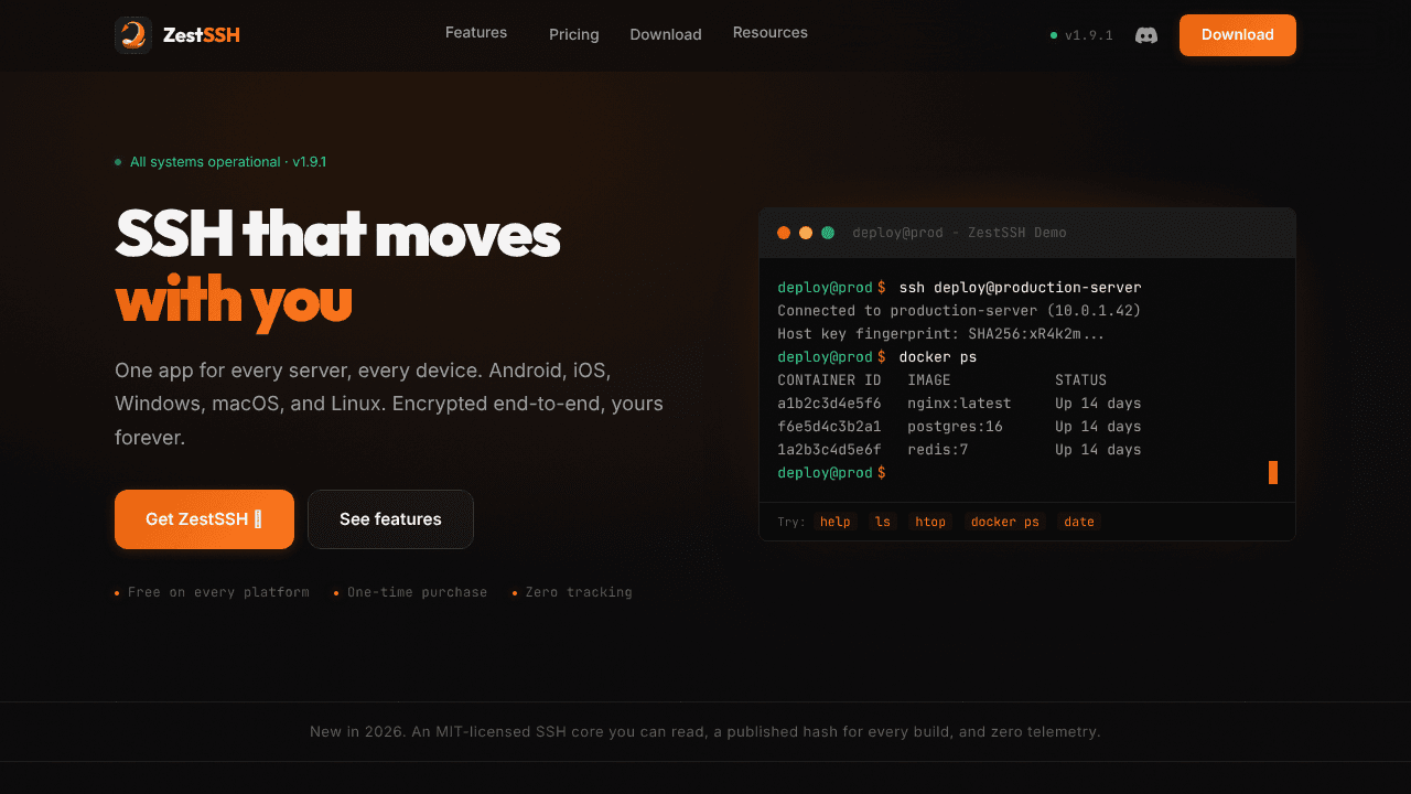 ZestSSH - Modern SSH Client website screenshot