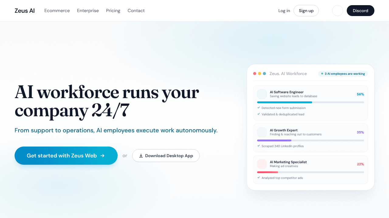 Zeus.team, AI native workspace website screenshot