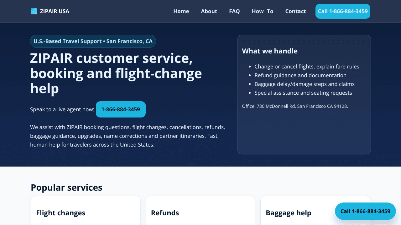 ZIPAIR USA  1-866-884-3459 website screenshot