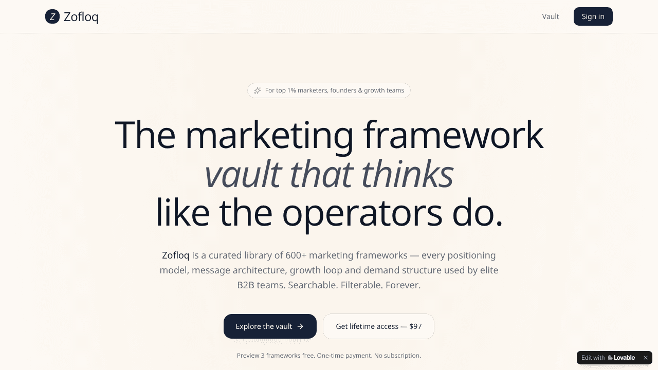 Zofloq — The Marketing Framework Vault website screenshot