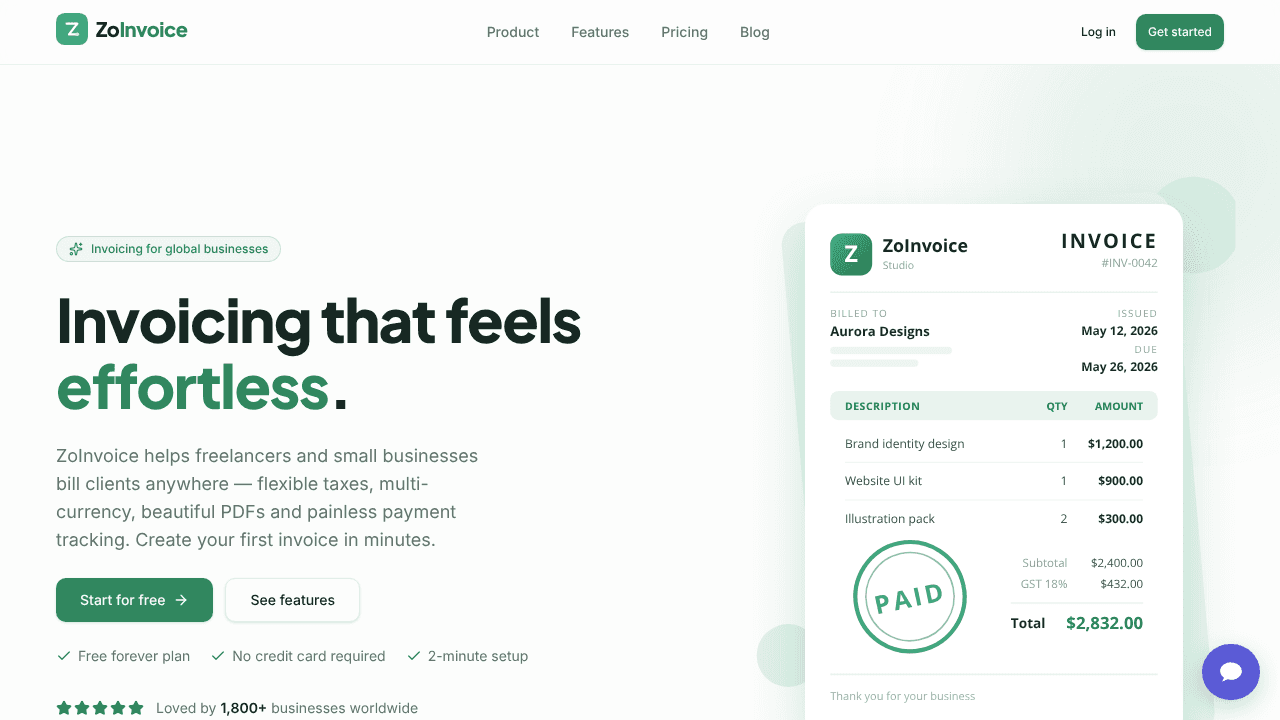 ZoInvoice website screenshot