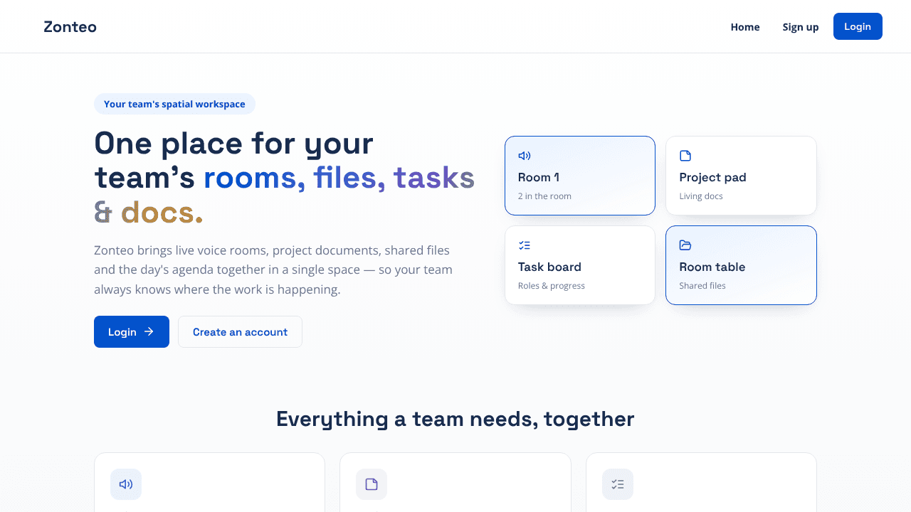 Zonteo — your team's spatial workspace website screenshot