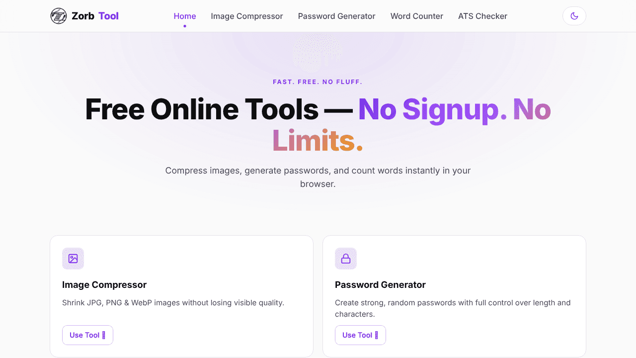 ZorbTool website screenshot