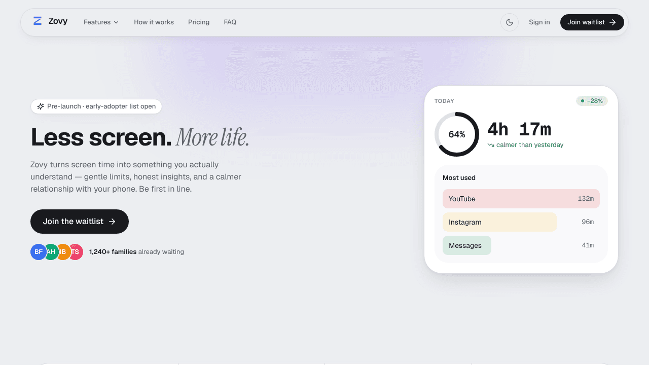 Zovy — Less screen, more life. website screenshot