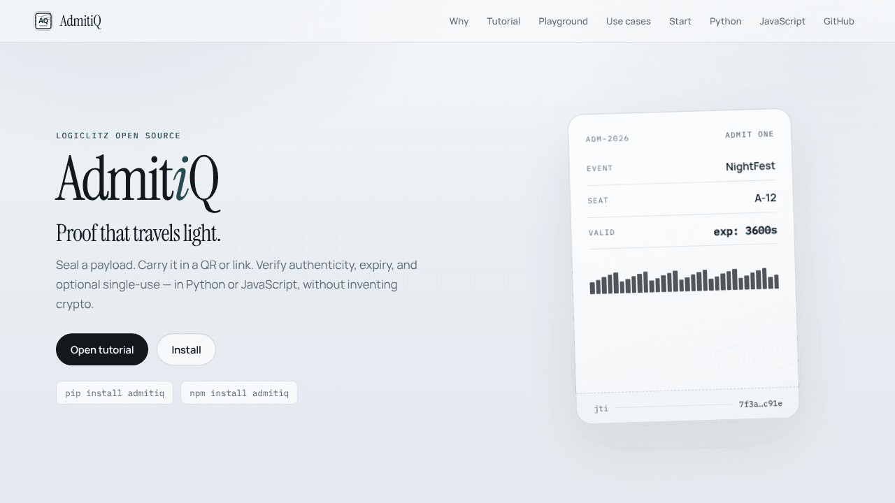 AdmitiQ - signed, expiring tokens