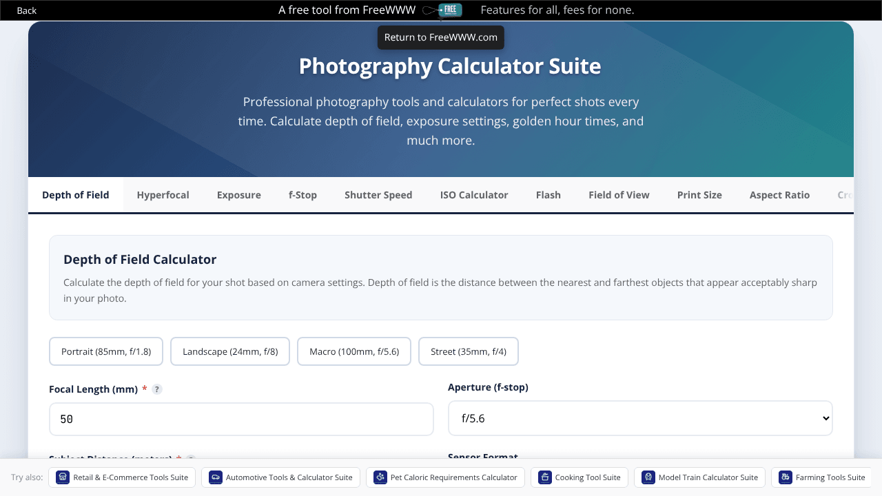 FreeWWW Photography Calculator Suite